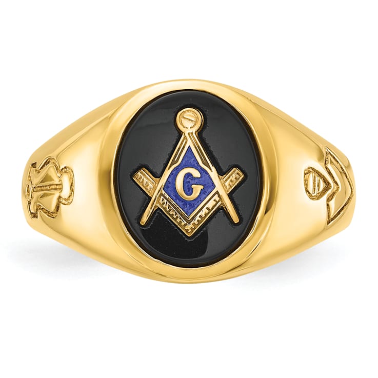 10K Yellow Gold Men's Grooved Onyx Blue Lodge Master Masonic Ring