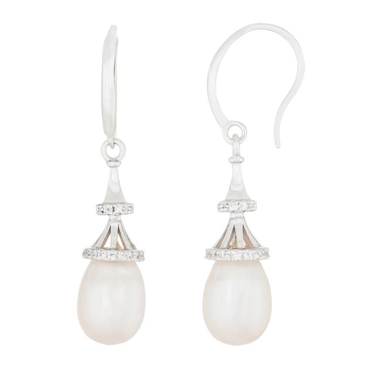 7.5-8mm White Cultured Freshwater Pearl and Cubic Zirconia Rhodium Over
Sterling Silver Earrings