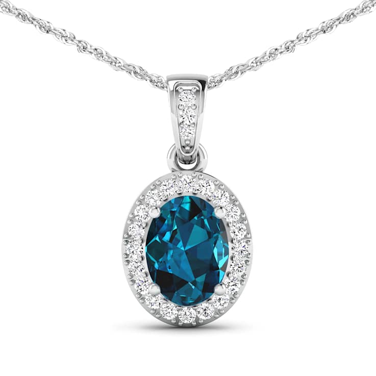 1.10ctw 14K White Gold Blue London Blue Topaz and White Diamond Pendant
with 18 inch Cable Chain
