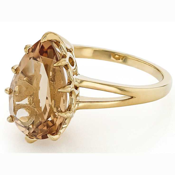 Champagne Quartz Pear Solitaire Ring In 18K Gold Over Sterling Silver 4.41ct