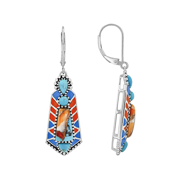 Spiny Oyster, Turquoise And Enamel Sterling Silver Dangle Earrings 12x6mm