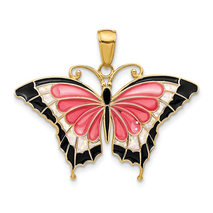 14k Yellow Gold Multi-Colored Enameled Butterfly Pendant