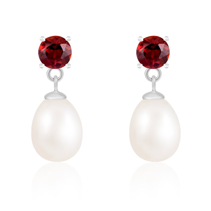 7.5-8mm White Cultured Freshwater Pearl and Garnet Rhodium Over Sterling
Silver Earrings