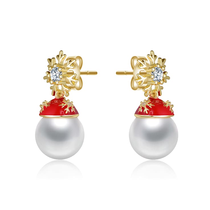 Festive Snowflake And Santa Hat Shell Pearl And CZ Drop Earrings In 14K
Gold Over Brass