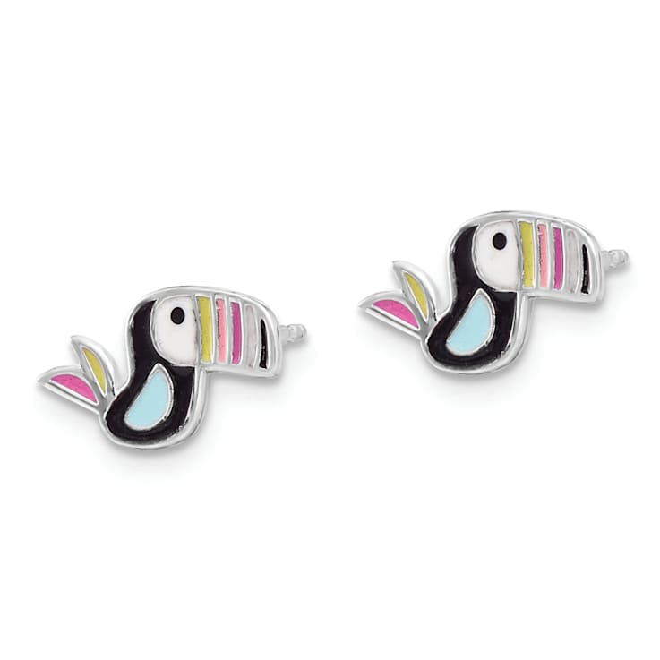 Rhodium Over Sterling Silver Enameled Toucan Bird Children's Post Earrings
