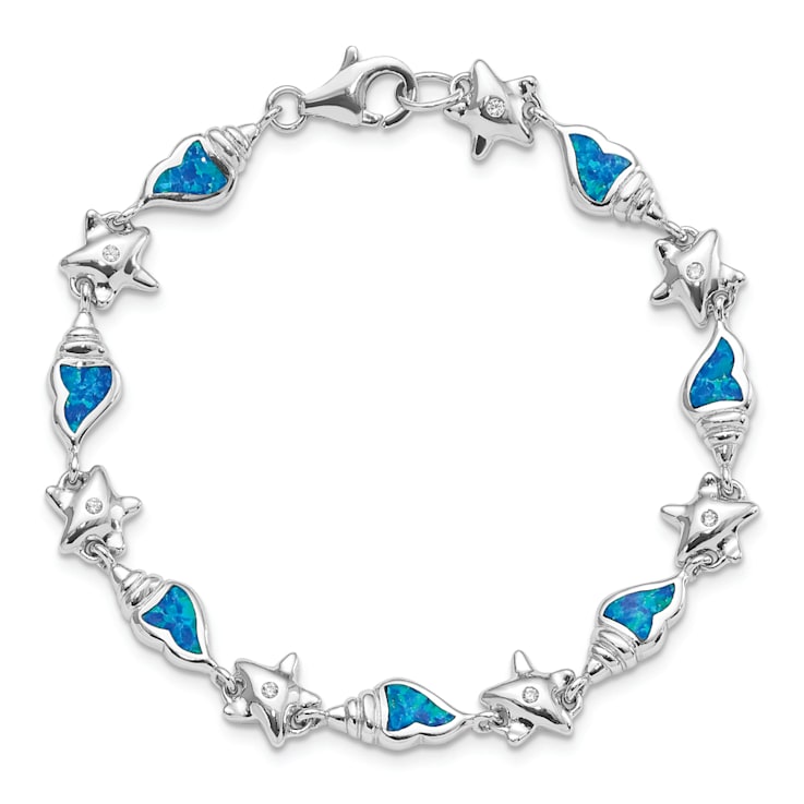Rhodium Over Sterling Silver Starfish Cubic Zirconia and Lab Created
Opal Seashell Bracelet