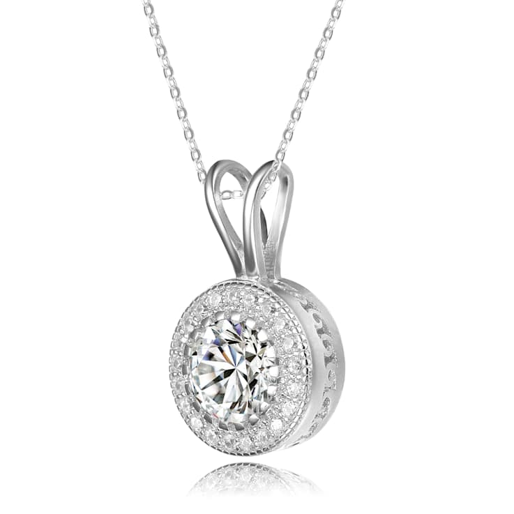 CZ Halo Solitaire Pendant In White Rhodium Over Brass