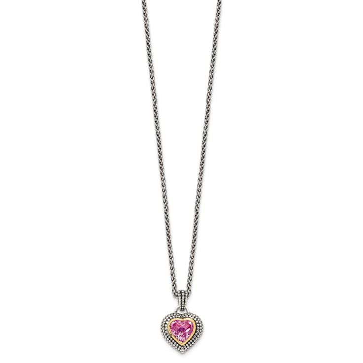 Sterling Silver Antiqued with 14K Accent 8mm Created Pink Sapphire Necklace