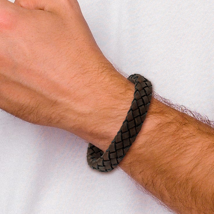 Brown Leather and Stainless Steel Brushed 8.25-inch Bracelet