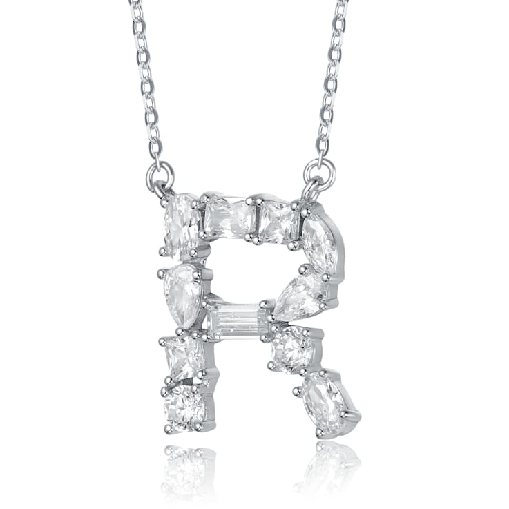 Initial R Mixed Cut CZ Pendant Necklace In Sterling Silver 18 Inch