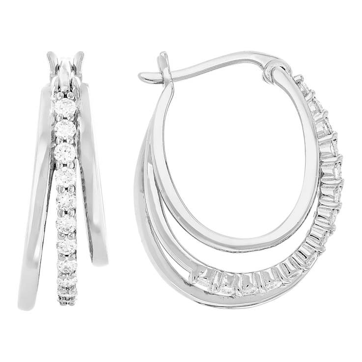 Polished And Pave Lab-Grown Diamond Hoop Earrings In PlatInum Over
Sterling Silver