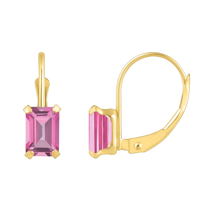 6x4mm Emerald Cut Pink Topaz 10k Yellow Gold Drop Earrings