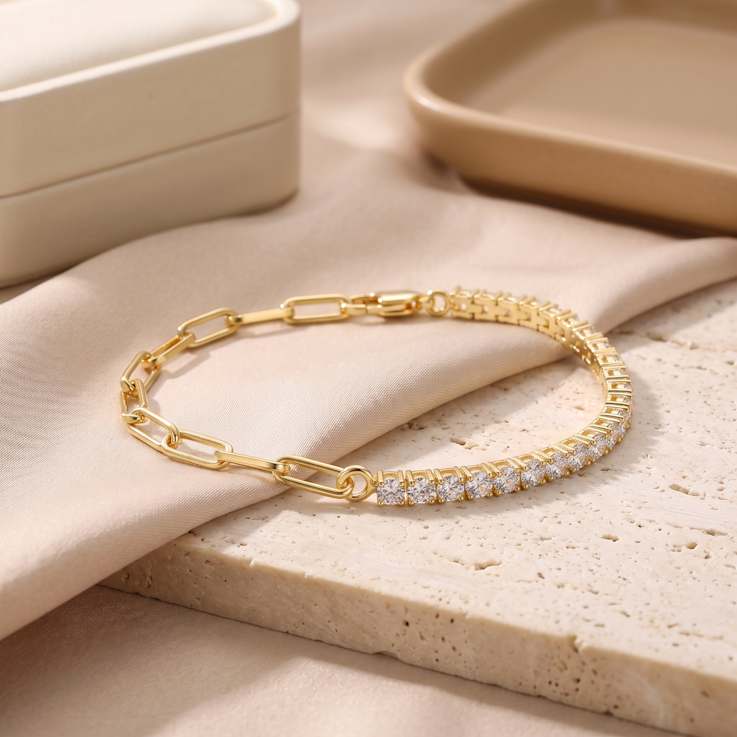 CZ Half-Tennis Half-Link Bracelet In 14K Gold Over Brass