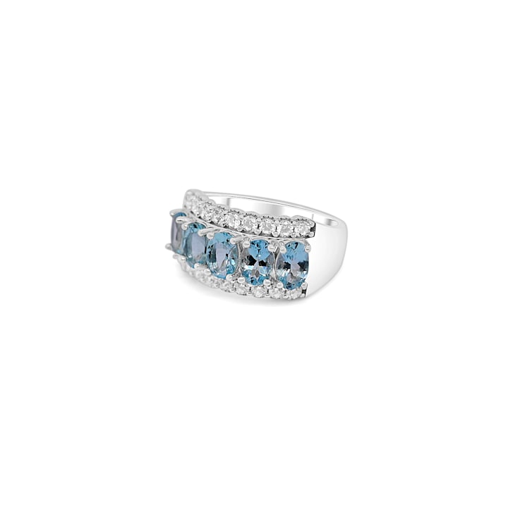 6x4mm Oval Aquamarine and White CZ Rhodium Over Sterling Silver Ring, 2.0ctw