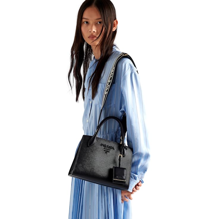 Prada Monochrome Saffiano Top Handle Crossbody Tote Bag Black 1C6RTA