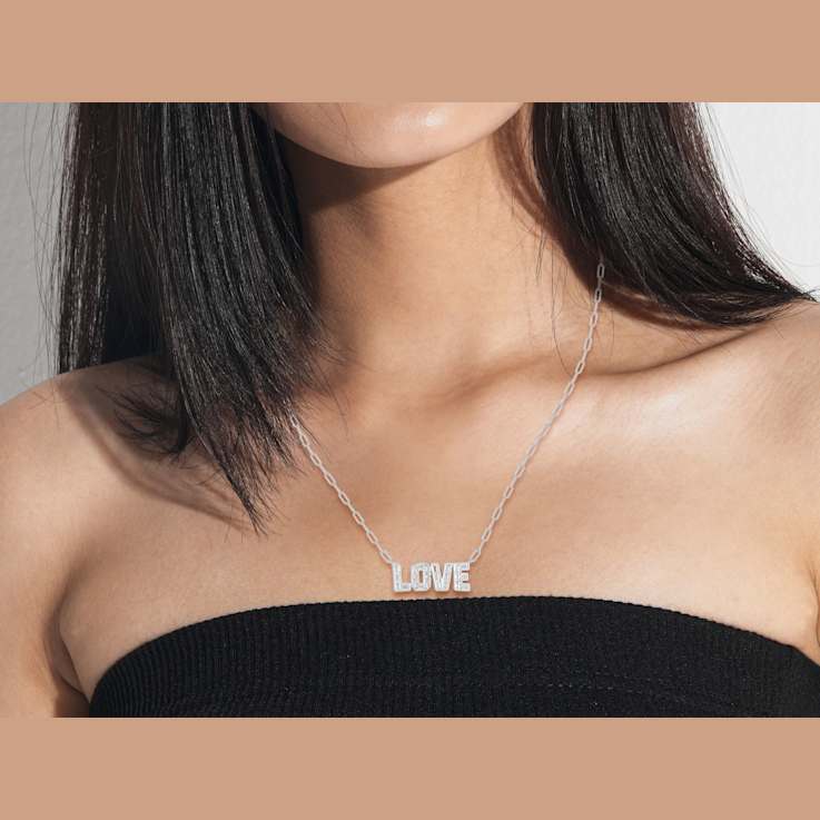 Rachel Zoe CZ "LOVE" Pendant Necklace on Paperclip Chain in
Rhodium Over Sterling Silver