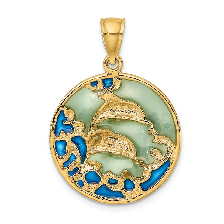 14k Yellow Gold Dolphins with Blue Enameled Pendant
