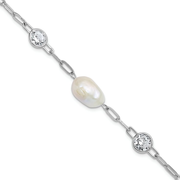 Rhodium Over Sterling Silver Cubic Zirconia and Pearl Link with
0.75-inch Extension Bracelet