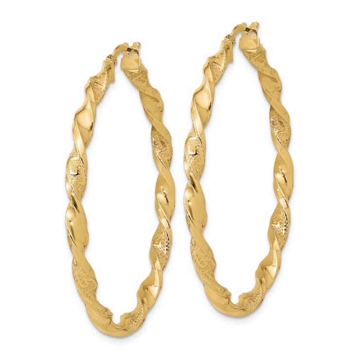14k Yellow Gold Polished and Textured Twisted 1 3/4" Hoop Earrings