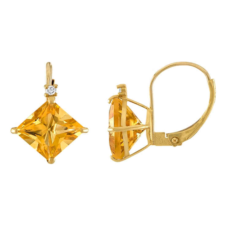 10K Yellow Gold Citrine and Diamond Princess Leverback Earrings 2.25ctw 12HPTH