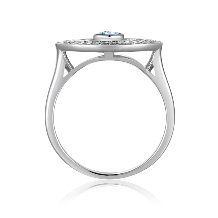 Blue Topaz with Moissanite Accents Rhodium Over Sterling Silver Evil Eye
Halo Ring