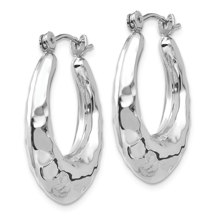Rhodium Over 14k White Gold Polished and Hammered 7/16" Oval Hoop Earrings