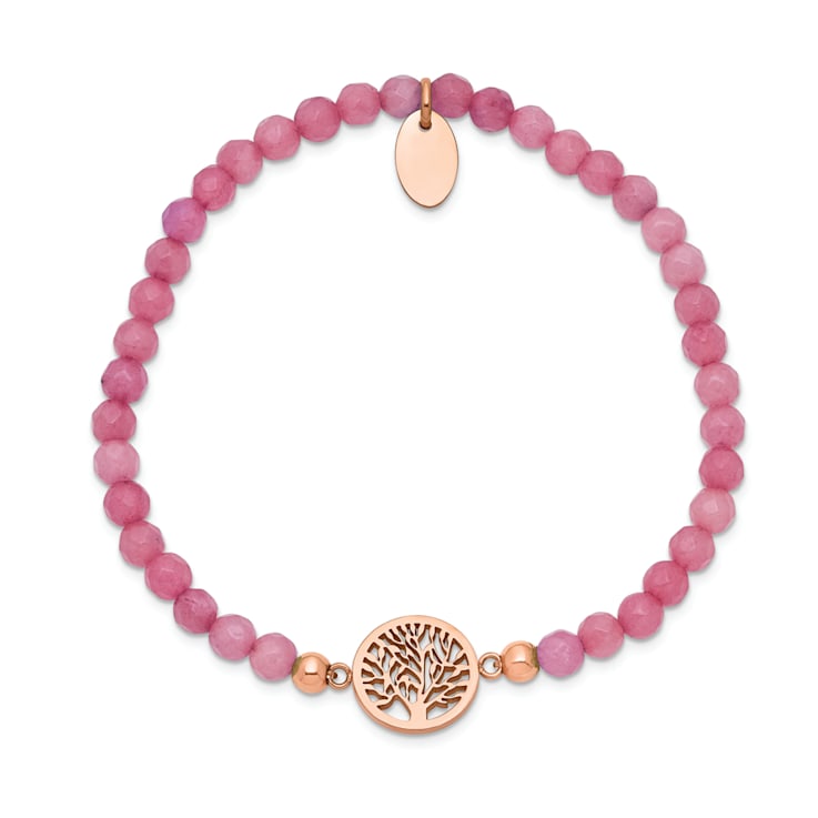 Rose Stainless Steel Polished Tree of Life Red Jade Stretch Bracelet