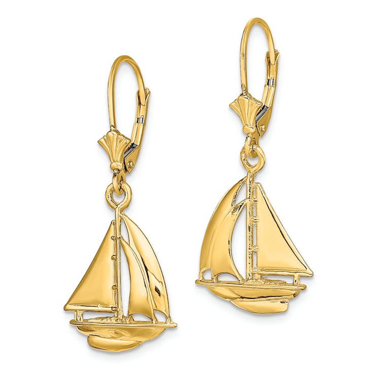 14k Yellow Gold 3D Polished Sailboat Dangle Earrings