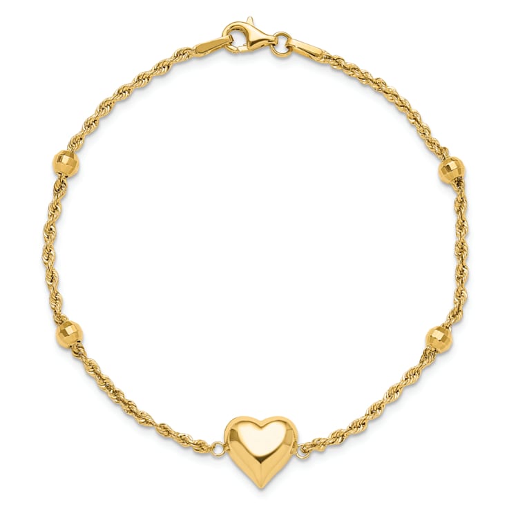 14k Yellow Gold Polished and Diamond-Cut Beaded Puffed Heart Bracelet