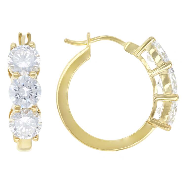 3-Stone CZ Hoop Earrings In 18K Gold Over Sterling Silver