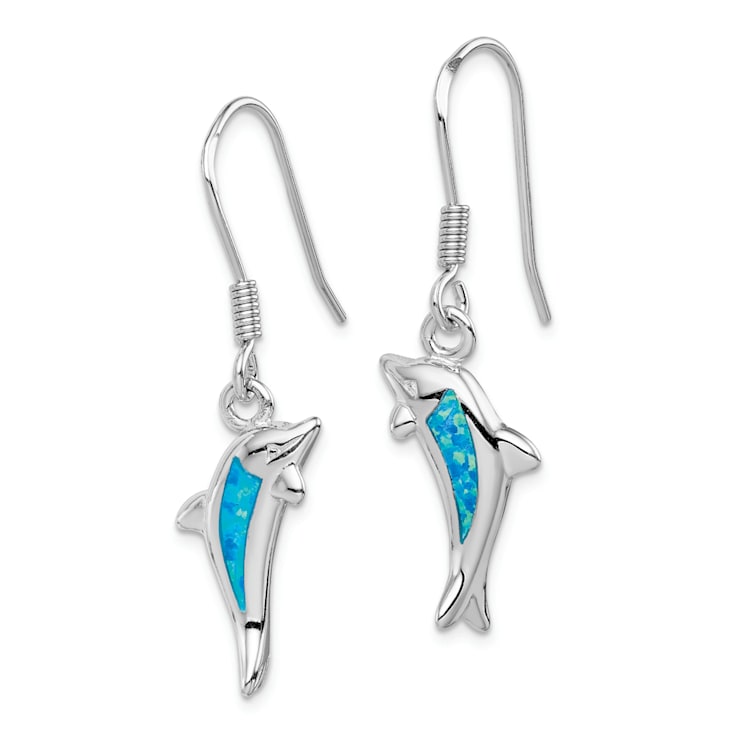 Rhodium Over Sterling Silver Lab Created Opal Inlay Dolphin Dangle Earrings