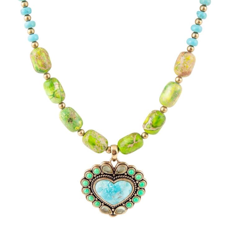 Barse Jewelry Legacy Lime Green and Blue Composite Turquoise Gold Tone
Heart Necklace