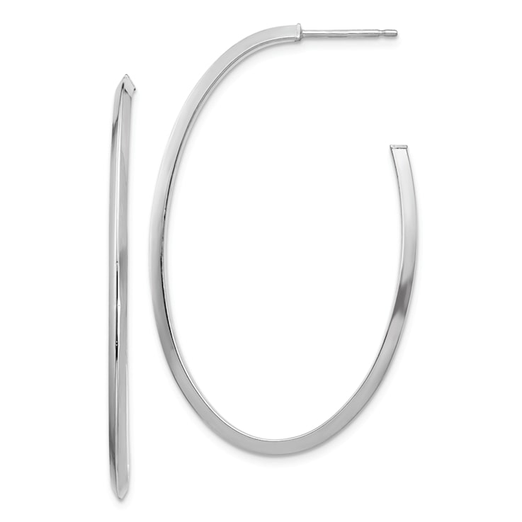 Rhodium Over 14K White Gold 1 3/4" Polished Knife Edge Oval Hoop Earrings