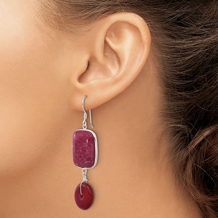 Sterling Silver Polished Carnelian and Red Jadeite Dangle Earrings
