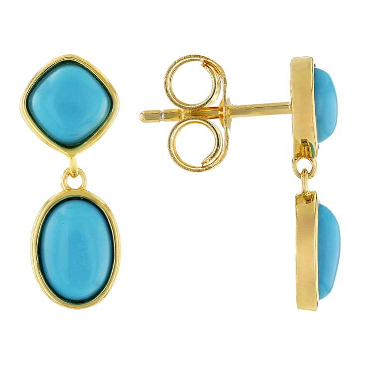 Turquoise Oval And Cushion Drop Earrings In 18K Gold Over Sterling Silver