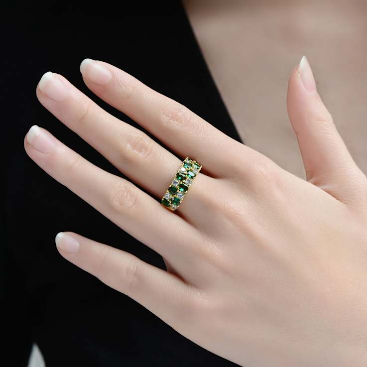 Emerald Color CZ And White CZ Band Ring In 14K Gold Over Sterling Silver