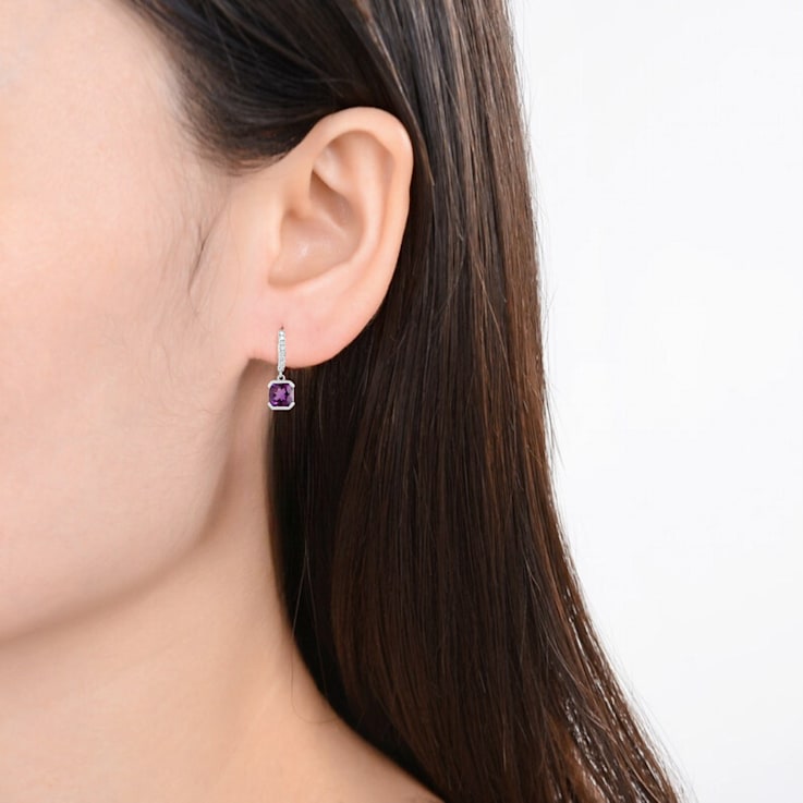 Square Cushion Amethyst with Moissanite Accents Rhodium Over Sterling
Silver Halo Drop Earrings