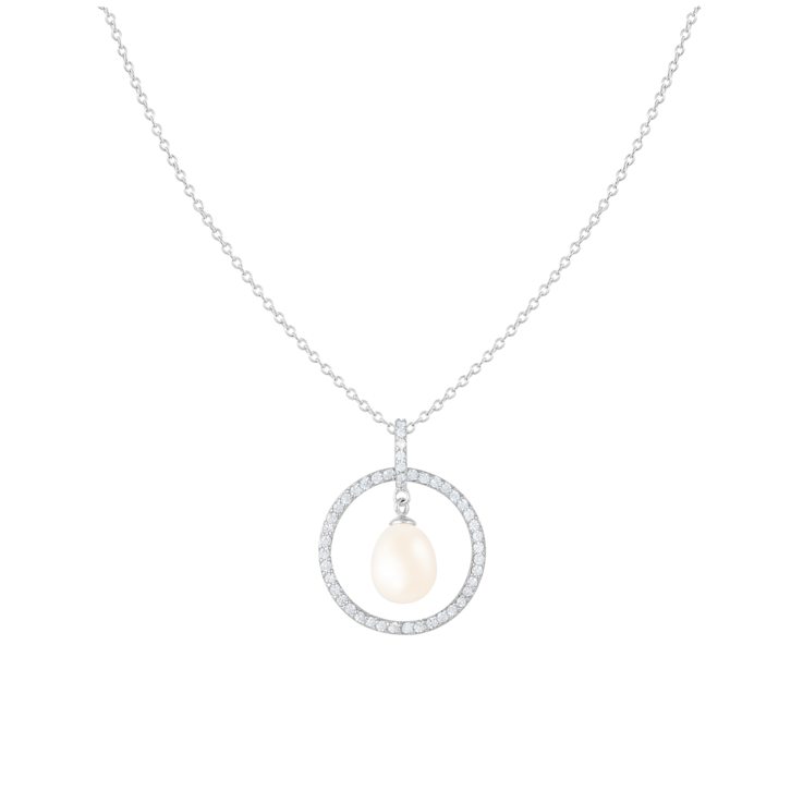 8-9mm Drop White Cultured Freshwater Pearl and CZ Rhodium Over Sterling
Silver Pendant