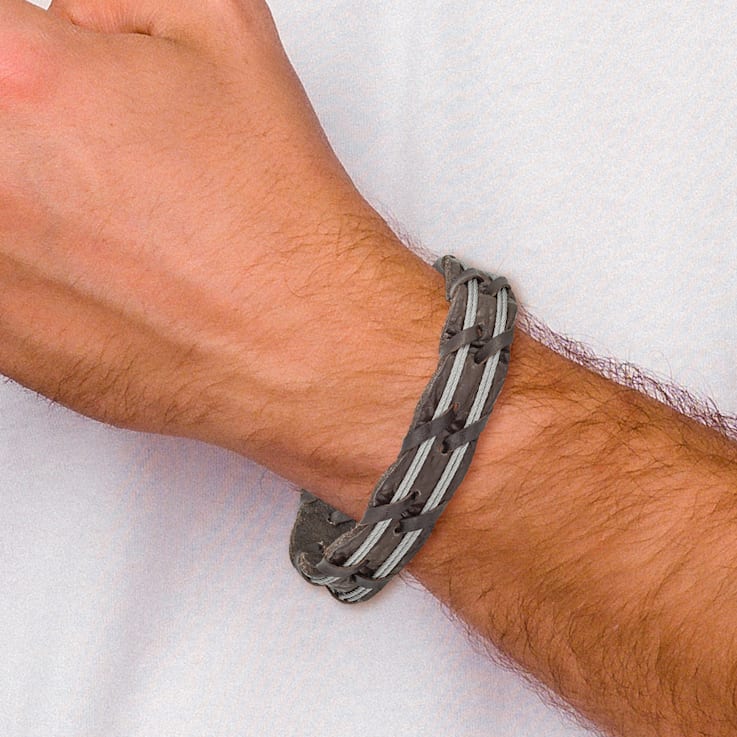 Brown Leather and Stainless Steel Polished Cable 8.5-inch Bracelet