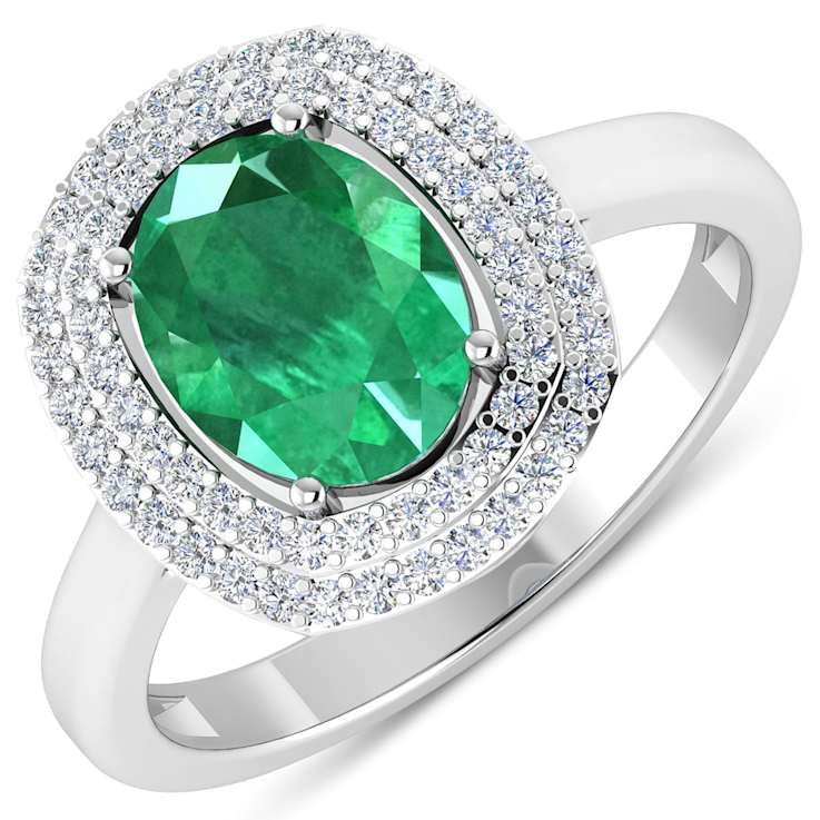 1.81ctw Green Emerald and Diamond 14K White Gold Halo Ring