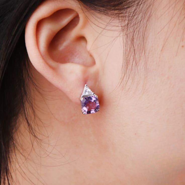 Purple Amethyst and White CZ Octagon Stud Sterling Silver Earrings