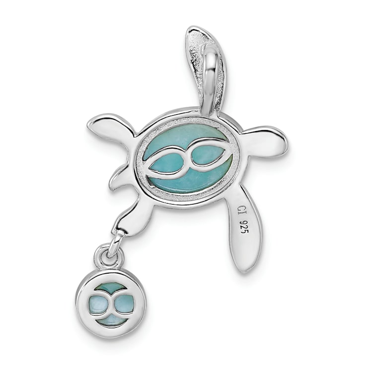 Rhodium Over Sterling Silver Polished Larimar Turtle Chain Slide Pendant