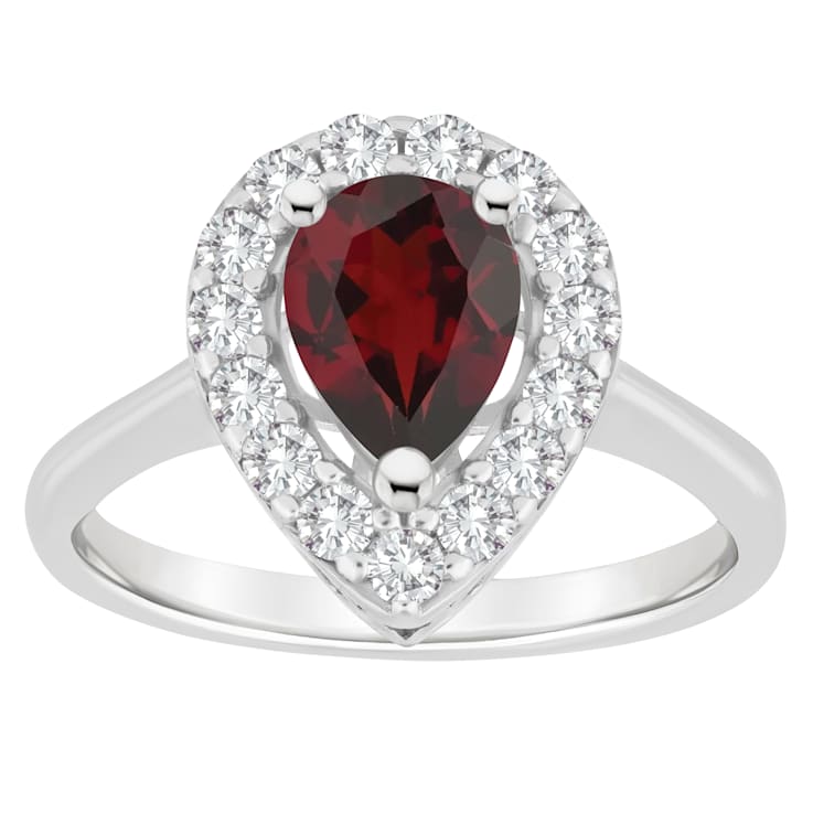8x5mm Pear Shape Garnet And White Topaz Accents Rhodium Over Sterling
Silver Halo Ring