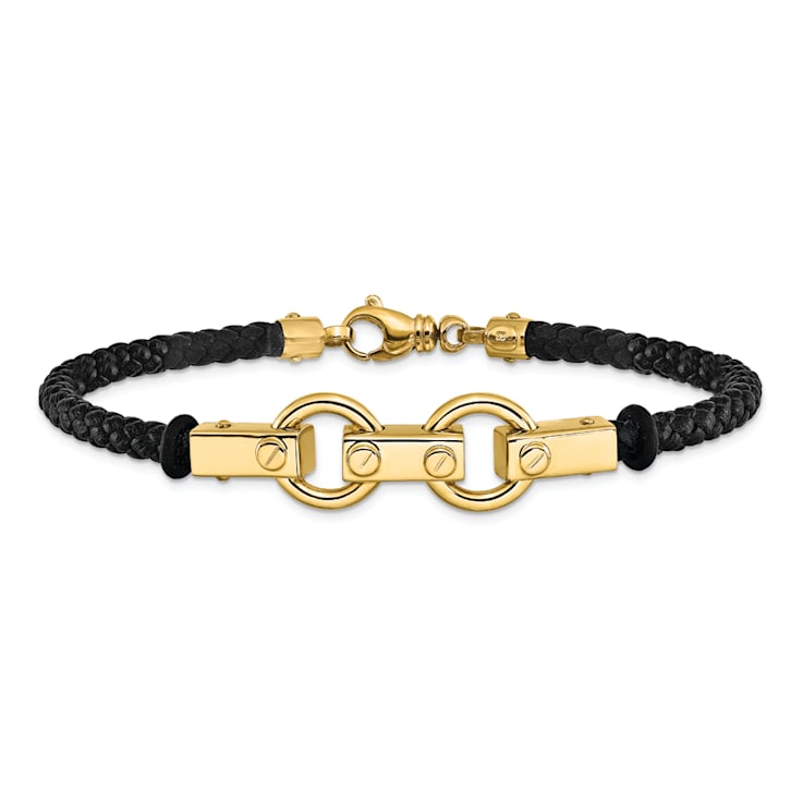 14k Yellow Gold Polished Fancy Link Leather Bracelet