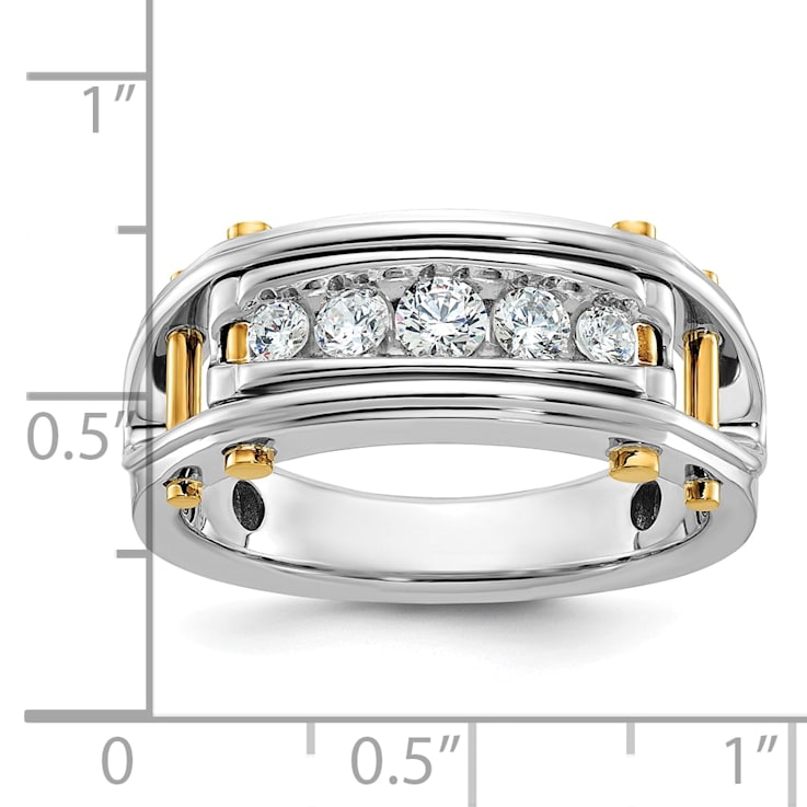 14K Yellow and White Gold Men's Polished Grooved Cut-Out 5-Stone Diamond Ring