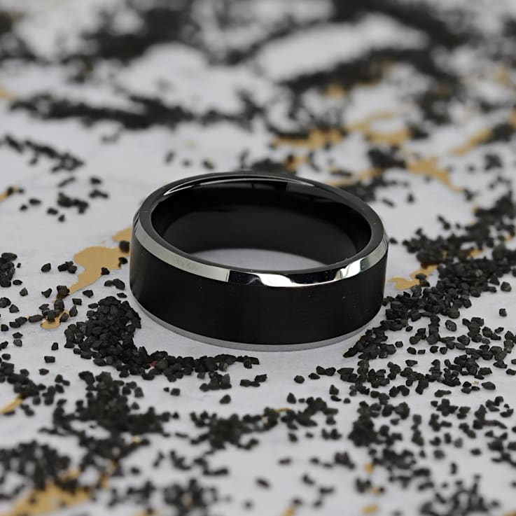 ASTON Black Brushed Center Tungsten Ring with Polished Beveled Edges 8mm
