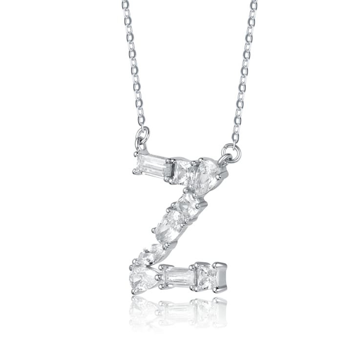Initial Z Mixed Cut CZ Pendant Necklace In Sterling Silver 18 Inch