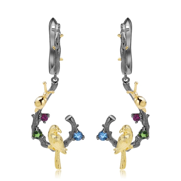 Multi-Gem Black Rhodium Over Sterling Silver Bird Earrings