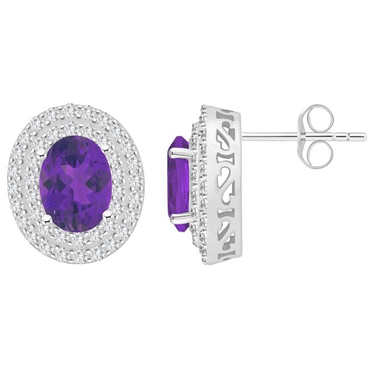 8x6mm Oval Amethyst And White Topaz Accent Rhodium Over Sterling Silver
Double Halo Stud Earrings