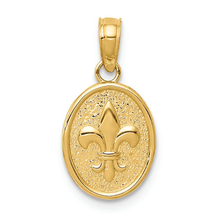 14k Yellow Gold Polished and Textured Small Fleur-De-Lis in Oval Pendant